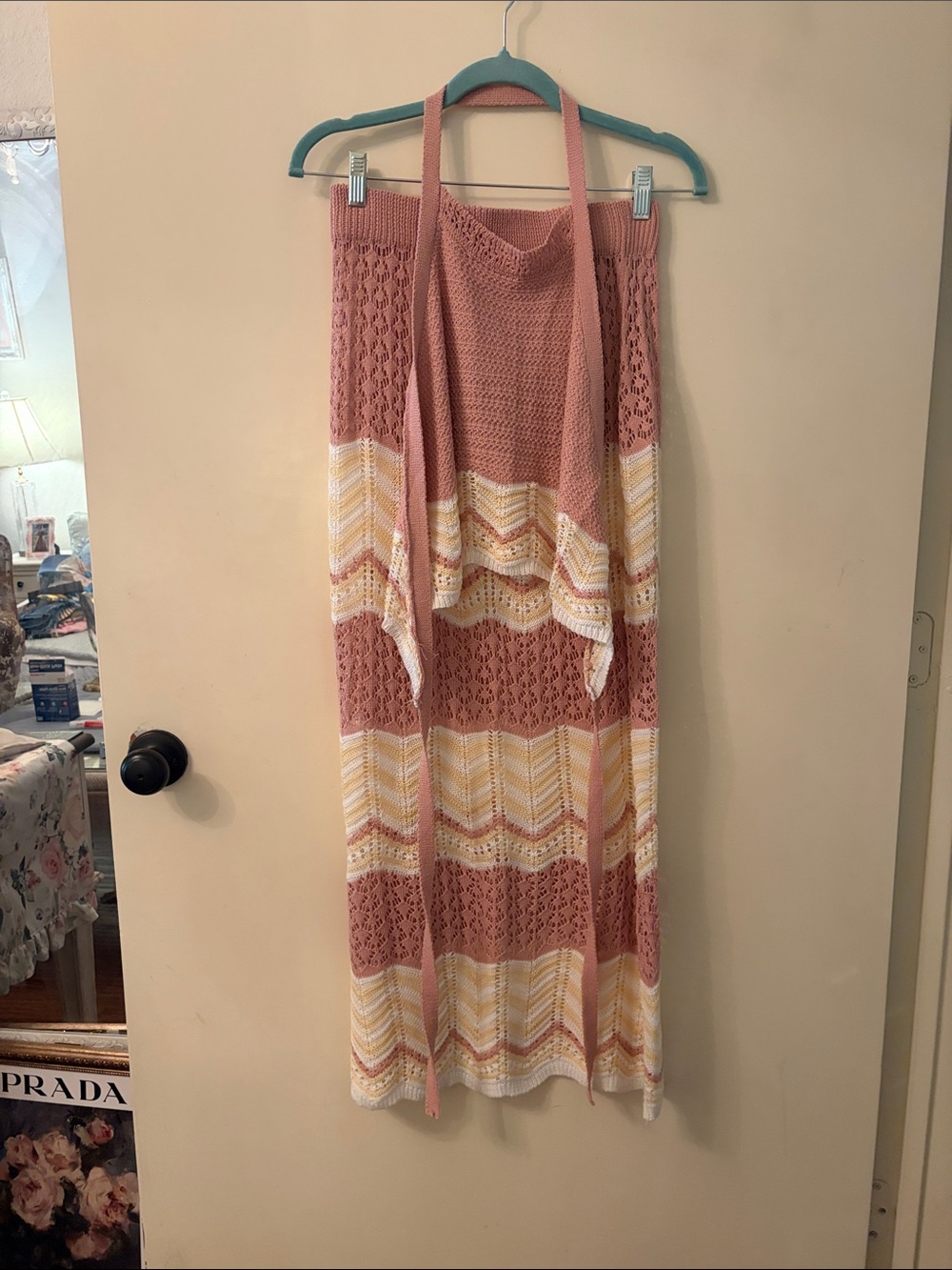 Dusty Pink,White&Light Yellow Chevron knit cover up set